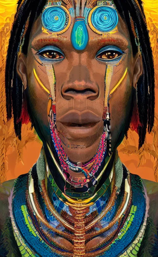 Image similar to upper half portrait of retro futuristic african tribal chief - embellished with vegetation and iridescent crystals, art by katsuhiro otomo, highly detailed, digital painting, concept art, illustration, smooth sharp focus, intricate, symmetry, artstation, colourful,