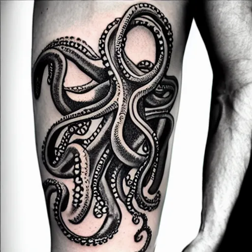 Prompt: octopus playing multiple folk instruments with its tentacles, tattoo