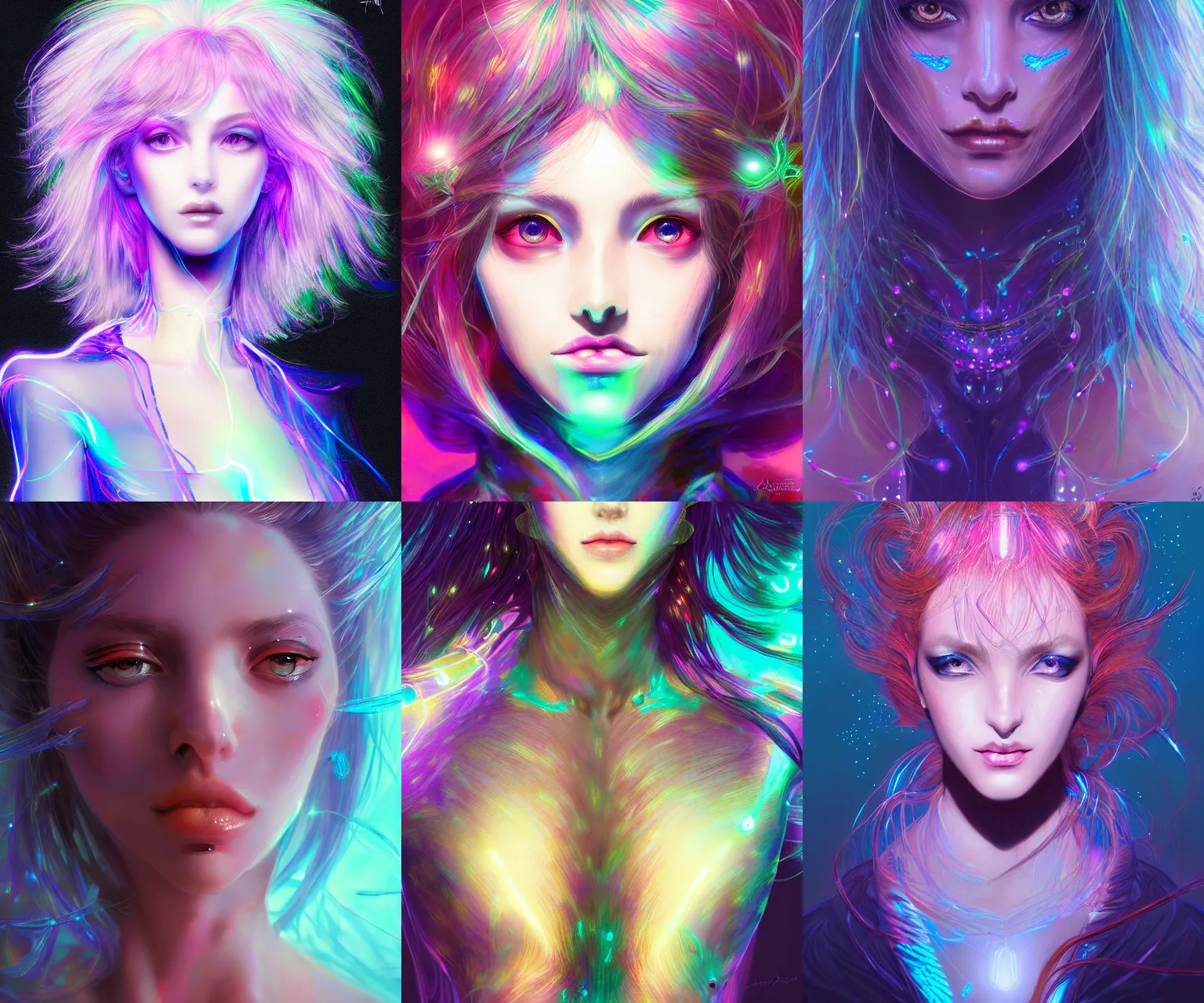 Image similar to portrait of a bioluminescent woman, fashion, beautiful, elegant colorful, artstation trending, deviantart, highly detailed, focus, smooth, by hirohiko araki, yoshitaka amano