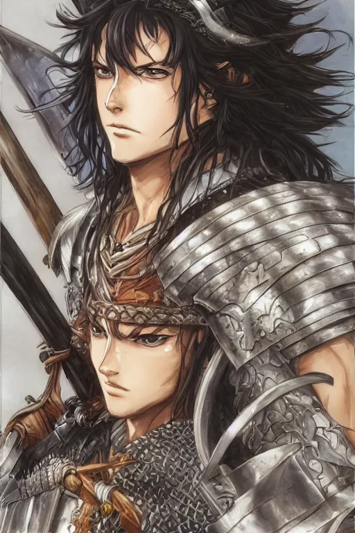 Image similar to A realistic anime portrait of a young handsome male barbarian with long wild hair, intricate fantasy spear, plated armor, D&D, dungeons and dragons, tabletop role playing game, rpg, jrpg, digital painting, by Yoshitaka Amano and Ayami Kojima and Akihiko Yoshida and Yusuke Murata and Kentaro Miura, concept art, highly detailed, promotional art, HD, digtial painting, trending on ArtStation, golden ratio, rule of thirds, SFW version