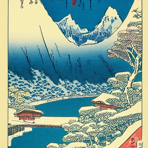 Image similar to Lauterbrunnen in the summer. woodblock print by Hokusai, masterpiece