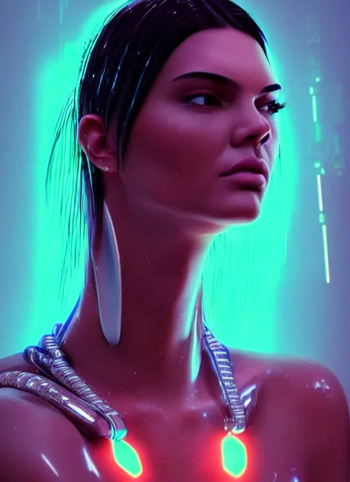 Image similar to a sensual kendall jenner humanoid with freckles cheeks, cyber neon lighting, futurism, intricate futuristic jewelry accessories, cyberpunk glossy latex swimsuit, profile posing, hyper photorealistic, crispy quality, digital photography, trending in artstation, trending in pinterest, cinematic, 4 k ultra hd, art by pascal blanche, art by greg rutkowski,