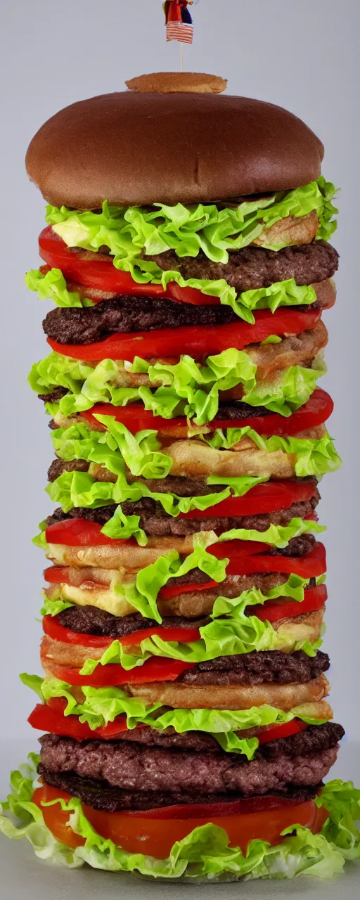 Prompt: the tallest hamburger of many layers