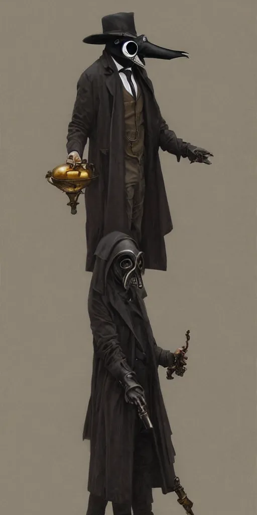 Image similar to portrait of man in black trench coat, wearing a steam punk plague doctor mask and a black top hat, a small wooden flute is held in his right hand. highly detailed, artstation, concept art, by krenz cushart and donato giancola and william adolph bouguereau and alphonse mucha,