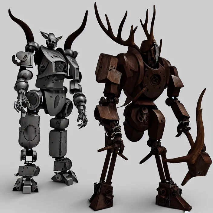 Prompt: warforged druid male anime character, wolf armor, wolf pack, a pack of wolves, wooden antlers, made of wood, made of metal, large robot, wolves, knight, medieval castle, wolf pack following, 3 d render beeple, realistic detailed octane render, pop up parade figure