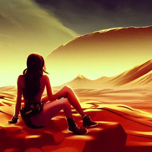 Prompt: Anime still of Lana Del Rey on Mars, sitting on a Martian rock, smoking a cigarette, reddish atmosphere with detailed highlights, dark gloomy sky cascading upon the atmosphere, well-detailed ornate Martian mountains in the background, trending on artstation, 4k, 8k