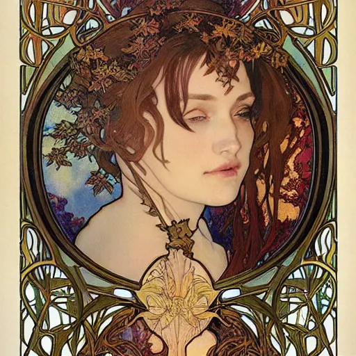Prompt: realistic detailed face portrait of a beautiful young medieval queen of Autumn Maple trees by Alphonse Mucha, Ayami Kojima, Amano, Greg Hildebrandt, and Mark Brooks, Art Nouveau, Neo-Gothic, gothic, deep rich colors