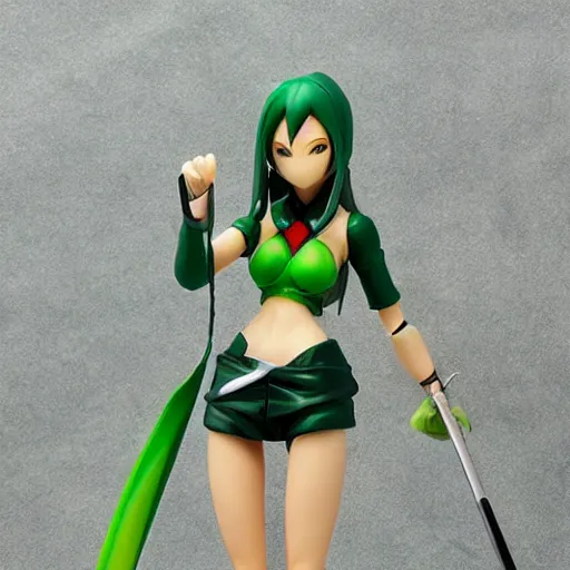 Prompt: league of legends akali as a Figma doll. Posable anime figurine. Kunai, Kama-wielding, green facemask, green outfit. PVC figure 12in.