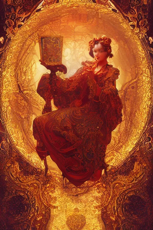 Image similar to tarot card artstation, portrait of a tarot card reader, sunrise, baroque ornament and rococo ornament, ancient chinese ornate, hyperdetailed, beautiful lighting, craig mullins, mucha, klimt, yoshitaka amano, red and gold and orange color palatte