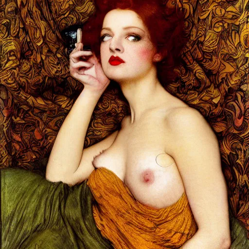 Image similar to reclining on bed, hybrid of judy garland and a hybrid of lady gaga and tom hanks, aged 2 5, brown fringe, large full lips, wide shot, yellow ochre ornate medieval dress, john william waterhouse, kilian eng, rosetti, john everett millais, william holman hunt, william morris, 4 k