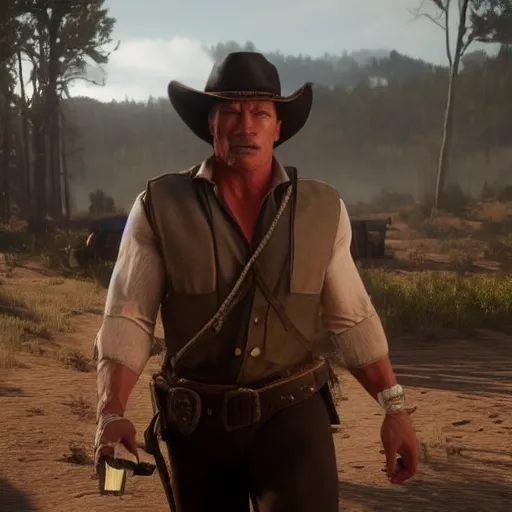 Image similar to Film still of Arnold Schwarzenegger, from Red Dead Redemption 2 (2018 video game)