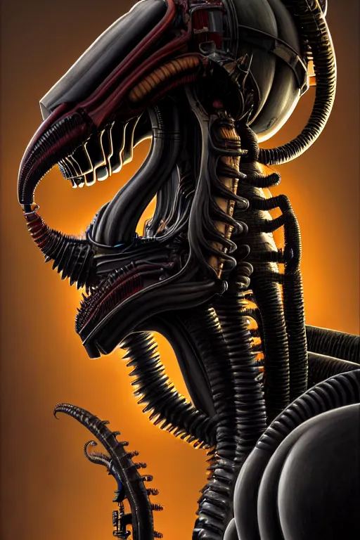 Image similar to highly detailed, industrial photography, profile view of adult xenomorph, long straight bangs, confident, illustration concept art by mark ryden, lostfish, detailed and intricate environment, 8 k resolution, hyperrealistic, octane render