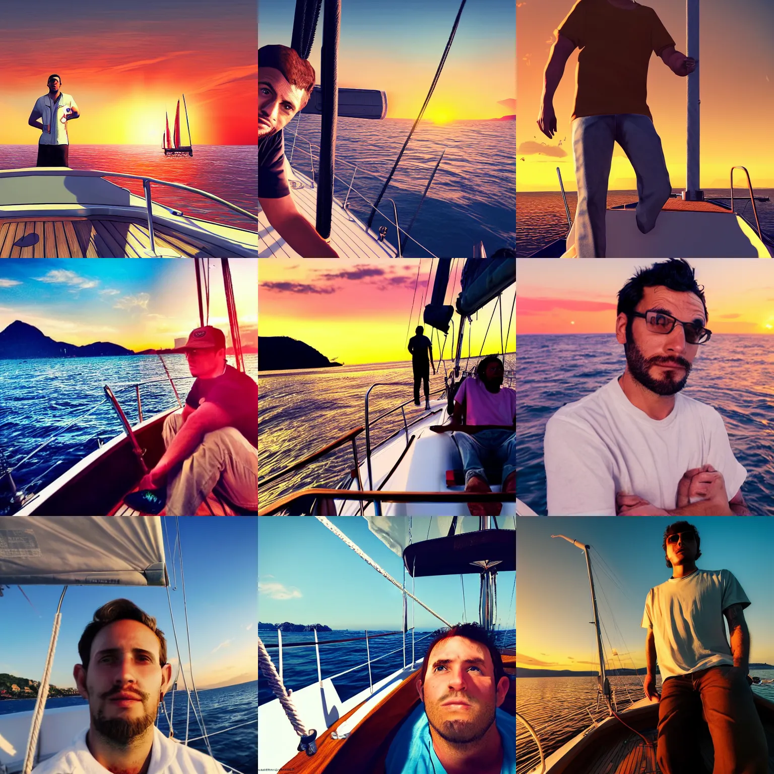 Prompt: 26 year old man on a sailboat, sunset, GTA V poster style