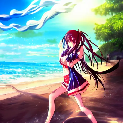 Image similar to anime style, vivid, expressive, full body, 4 k, painting, a cute magical woman with a long wavy black hair at beach, stunning, realistic light and shadow effects, centered, simple background, ikki tousen