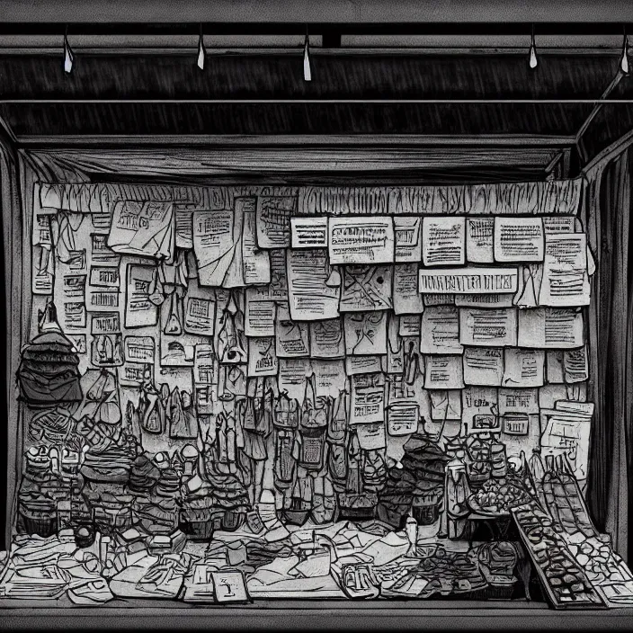 Image similar to close view of a tiny market stall. folded umbrellas for sale on the stall. set in a square. background of an old soviet monument. storyboard, scifi cyberpunk. by gabriel hardman, joe alves, chris bonura. cinematic atmosphere, detailed and intricate, perfect anatomy