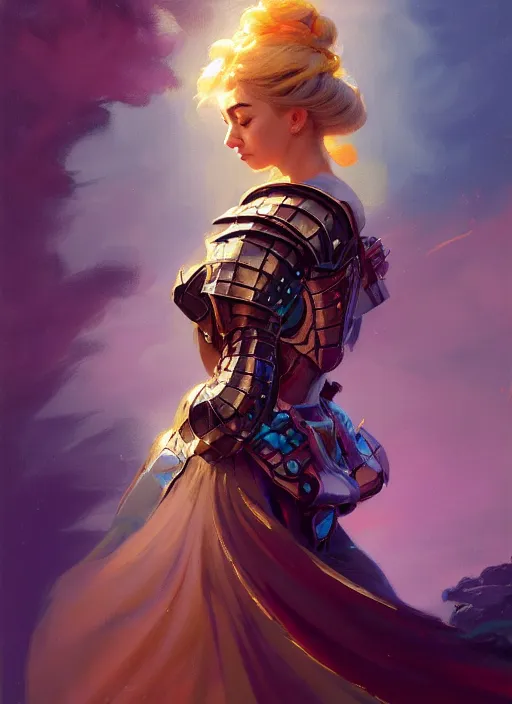 Image similar to side portrait, imogen poots, paladin, fantasy armor, gloomhaven, soft, smooth, luminescent, colorful swirly ripples, gaudy colors, by greg manchess, huang guangjian, gil elvgren, sachin teng, greg rutkowski, jesper ejsing, rhads, ilya kuvshinov, cushart krenz