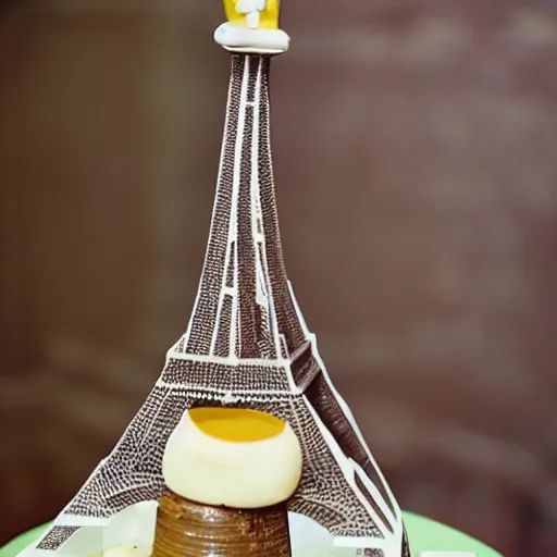 Prompt: Award winning photo 35mm of a cake that is made of a varieaty of cheese in the shape of the eiffel tower, tha cake is in the shape of the eiffel tower, all the cake structure is made of cheese and in format of the eiffel tower