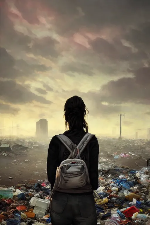 Prompt: detailed lonely girl with backpack standing at cars looking for food at garbage dump, destroyed cars, city is pure wasteland, moody sunset in background, save the planet, high details, sharp, photorealism, cinematic, greg rutkowski, alphonse mucha, trending on artstation, artgerm, unreal engine, breathtaking, award winning, highly detailed