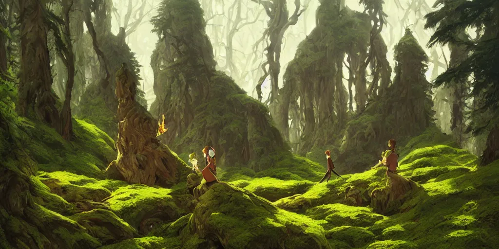 Image similar to a forest in transylvania, rocks, dead trees, castle in the background, moss, in the style of studio ghibli, j. c. leyendecker, greg rutkowski, artgerm