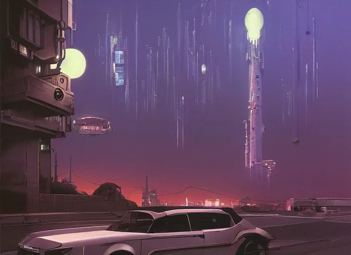 Image similar to a car driving down a street next to tall robot the night, cyberpunk art by Chesley Bonestell, cgsociety, retrofuturism, matte painting, reimagined by industrial light and magic