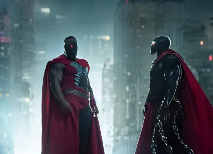 Image similar to film still of michael b jordan as spawn in the new spawn movie, giant chains, large cape, 8 k