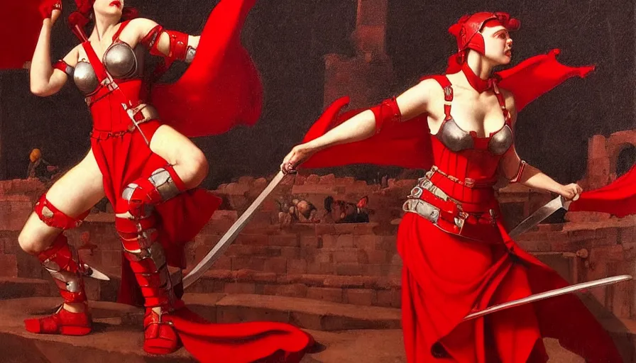 Image similar to only with red, an armored female gladiator in a crowded roman amphitheatre, crowd cheering, in the style of rolf armstrong and ambrosius benson and edward hopper and and rodcenko, intricate and epic composition, red by caravaggio, highly detailed, masterpiece, red light, artstation