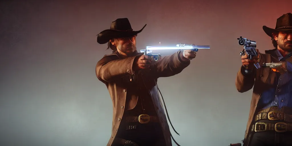 Image similar to a futuristic cowboy firing a glowing revolver to his enemies in a wild western bar, gunpowder and fog everywhere, red dead redemption 2, trending on artstation, digital art, award winning, cinematic lightning, ray tracing, 8k, Highly Detailed