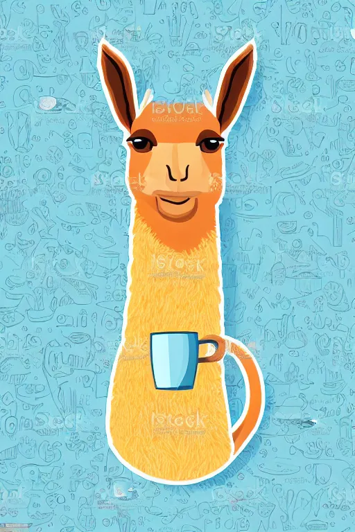 Image similar to Portrait of cute llama drinking tea, full body, sticker, andromorphic, colorful, illustration, highly detailed, simple, smooth and clean vector curves, no jagged lines, vector art, smooth