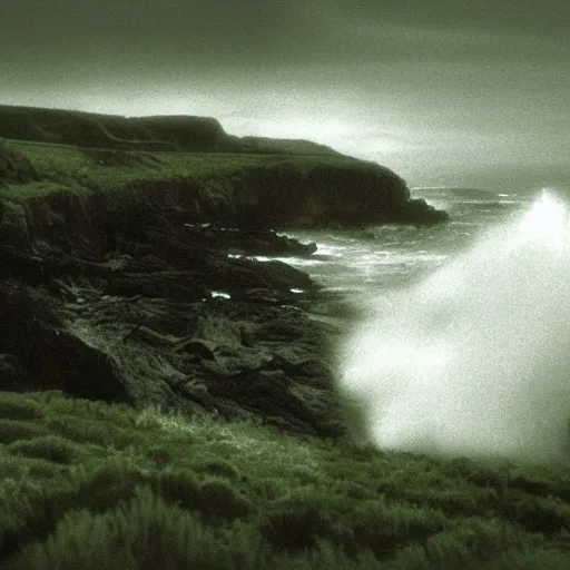 Image similar to dark and moody 1 9 7 0's artistic spaghetti western film in color, a woman in a giant billowy wide long flowing waving white dress transforming into sea spray, standing inside a green mossy irish rocky scenic landscape, crashing waves and sea foam, volumetric lighting, backlit, moody, atmospheric, fog, extremely windy, soft focus