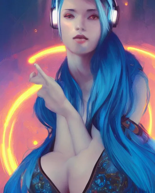 Image similar to pretty girl with blue hair, dj girl, in a club, laser lights background, sharp focus, digital painting, 8 k, concept art, art by wlop, artgerm, greg rutkowski and alphonse mucha