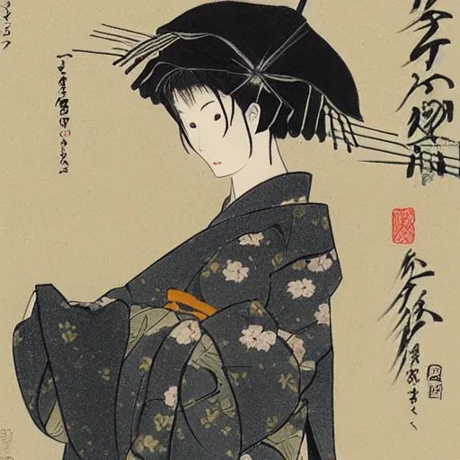 Image similar to a woman in a kimono holding an umbrella, an anime drawing by Kaburagi Kiyokata, featured on pixiv, shin hanga, hellish background, pixiv, official art