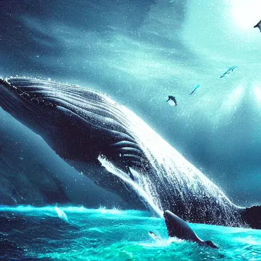 Prompt: a whale society under the ocean on an alien world, sci-fi digital art,