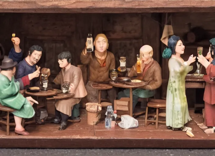 Prompt: group of travelers drinking beer & singing in a tavern as tiny miniatures diorama, directed by Nobuhiko Obayashi