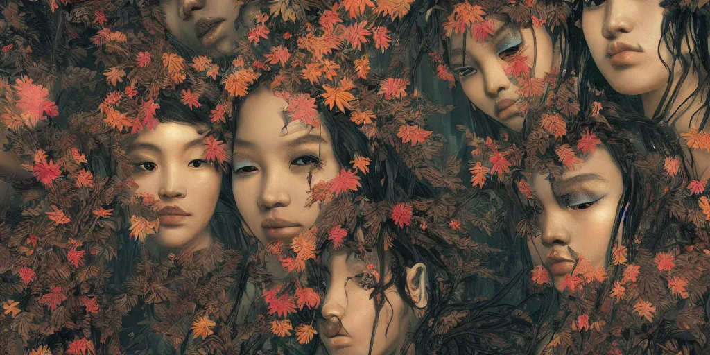 Image similar to breathtaking detailed concept art painting pattern of black faces goddesses amalgamation autumn leaves with anxious piercing eyes and blend of flowers and birds, by hsiao - ron cheng and john james audubon, bizarre compositions, exquisite detail, extremely moody lighting, 8 k