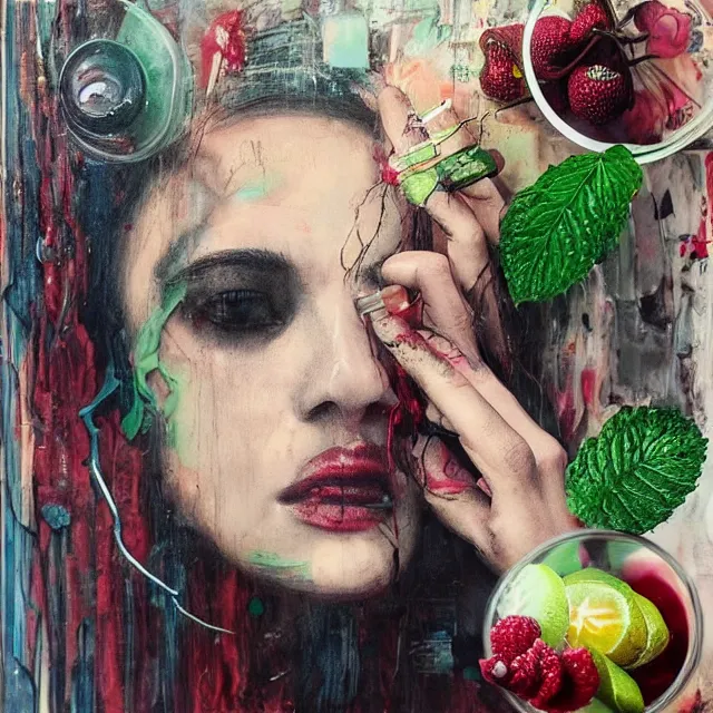 Prompt: “ sensual portrait in a female art student ’ s apartment, a human brain, fresh fruit, berries, plants in scientific glassware, art materials, dripping candle wax, berry juice drips, neo - expressionism, surrealism, acrylic and spray paint and oilstick on canvas ”