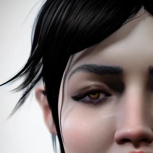 Prompt: a close up of a person with black hair, a character portrait by Eve Ryder, cgsociety, photorealism, unreal engine 5, unreal engine, prerendered graphics