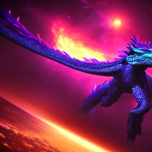 Image similar to aurelion sol dragon in the cosmos staring at the viewer, ultra realistic 4 k render with ray tracing