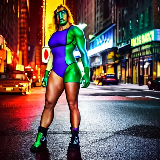 Image similar to Rhea Ripley as She Hulk on the street in New York City at night, Lights are on down the street, light fog in the background, cinematic, realistic, detailed, portrait, green skin