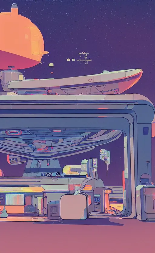 Image similar to spaceship in a gas station in space, sharp focus, james gilleard, moebius, sci - fi, print, risograph, cinematic, game art