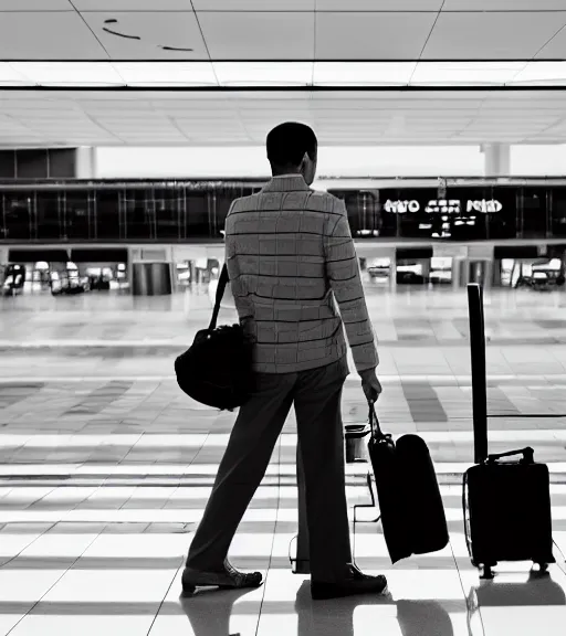 Prompt: cinematic airport photo of a dalmatian skin man at the airport trending flickr detailed portrait