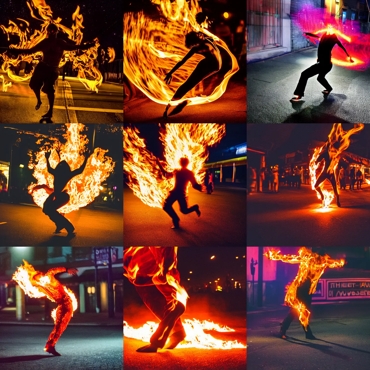 Prompt: a human shaped fire is dancing in a dark steet at night, colourful, lumnious, award winning photograpgy