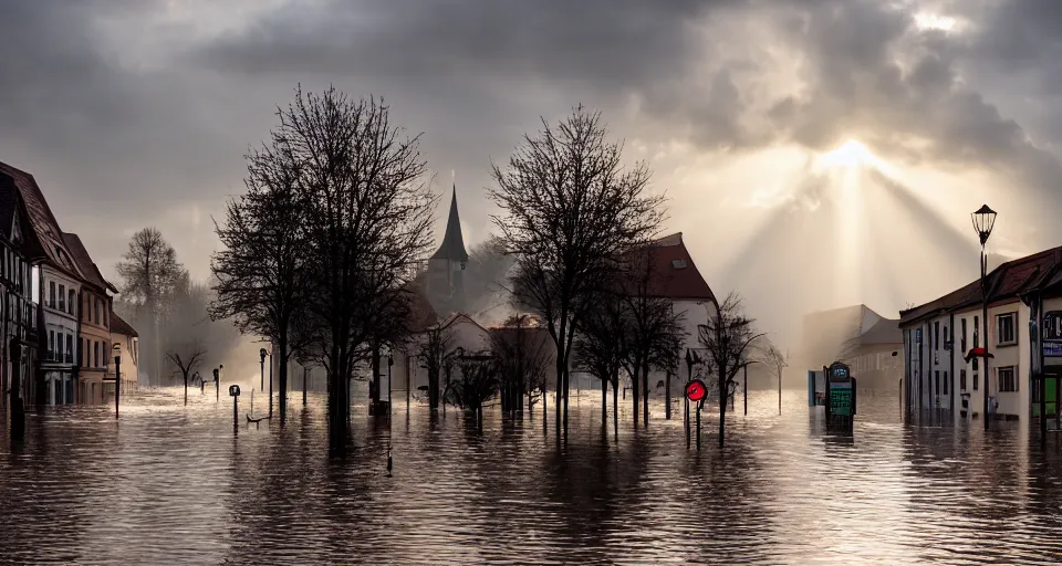 Image similar to award-winning photograph of a german town being flooded, dramatic lighting, hazy atmosphere, god rays, wide focal length, Sigma 85mm f/2, dramatic perspective, chiaroscuro, at dusk