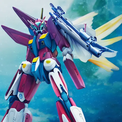 Image similar to realistic waterlilys shaped Gundam with sci-fi weapons and floral inlay, realistic, 8k resolution, digital art