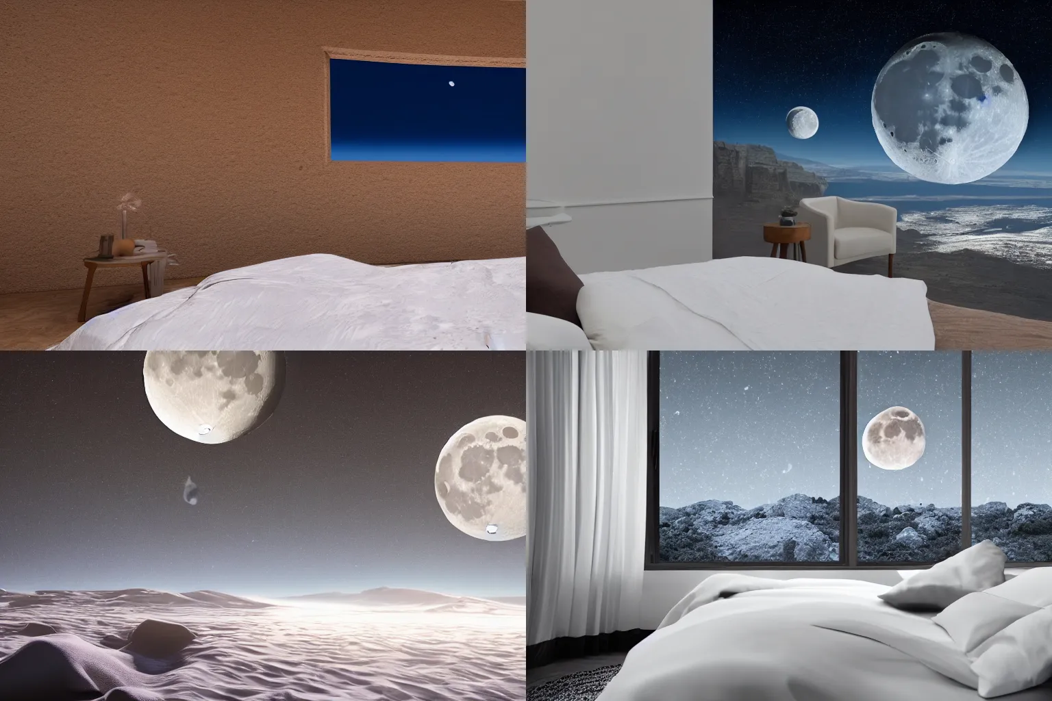 Prompt: bedroom with a view of the moon surface, 4K photo