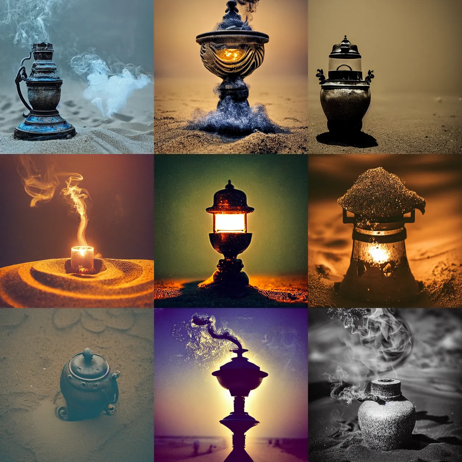 Prompt: “Magic smoke swirling dramatically out of an ornate oil lamp in the sand, swirly smoke, surrounded by Byzantine ruins, air particles, glitter, cinematic, dramatic, rule of thirds, 50mm lens, bokeh”