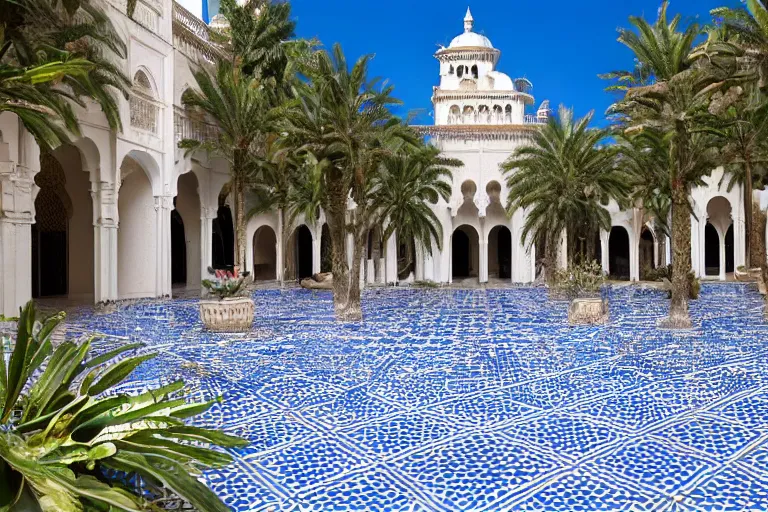 Image similar to beautiful moorish palace courtyard garden, by ludwig deutsch, patterned blue tilework, palm trees, tiled fountains, extremely detailed, dramatic lighting, smooth sharp focus