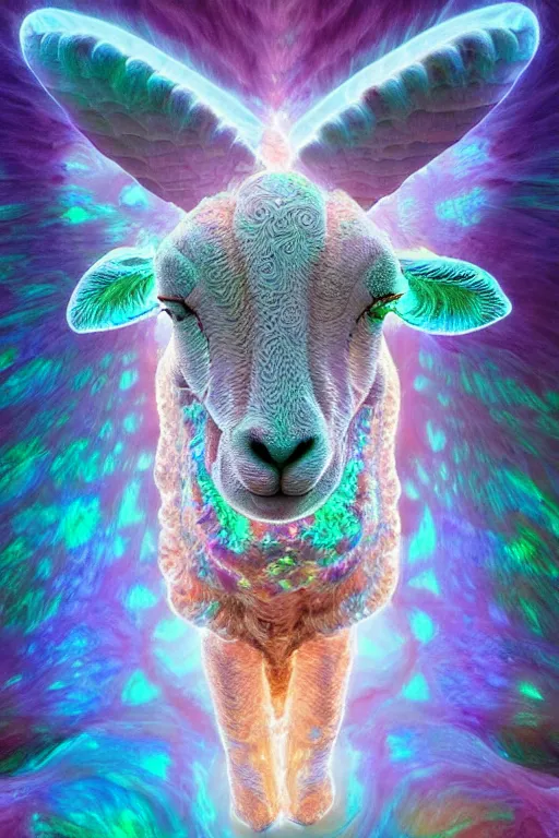 Image similar to a crystalline 3 d mandelbulb fractal in the shape of a lamb, bioluminescent opal, fractal, magnificent lighting, ethereal, ray tracing, octane, holographic, portrait