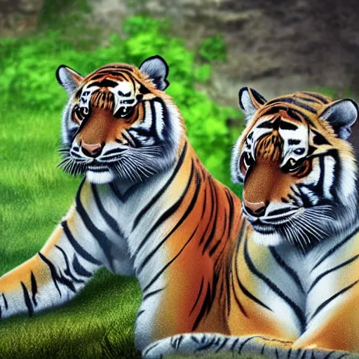 Prompt: a realistic photo of two tigers