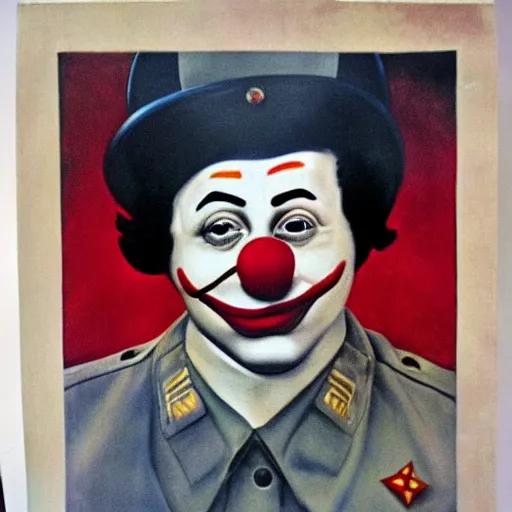 Prompt: communist clown painting, sovier propaganda style, hyper realistic portrait, very detailed line, vivid colors