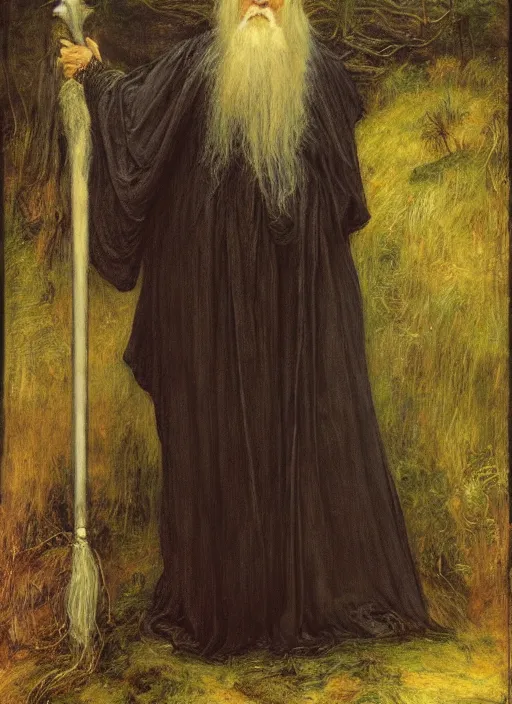 Image similar to a beautiful painting of gandalf by John Everett Millais and Dante Gabriel Rossetti and John Collier and john william waterhouse, pre-raphaelite, detailed, trending on artstation, hd, masterpiece